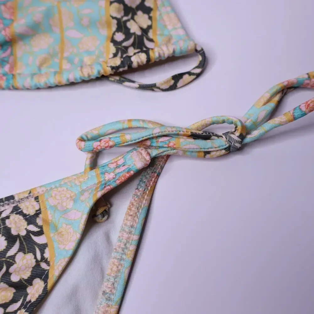 TULAROSA Two-Piece String Bikini Set Floral Green Halter Side Tie Women's XS/S